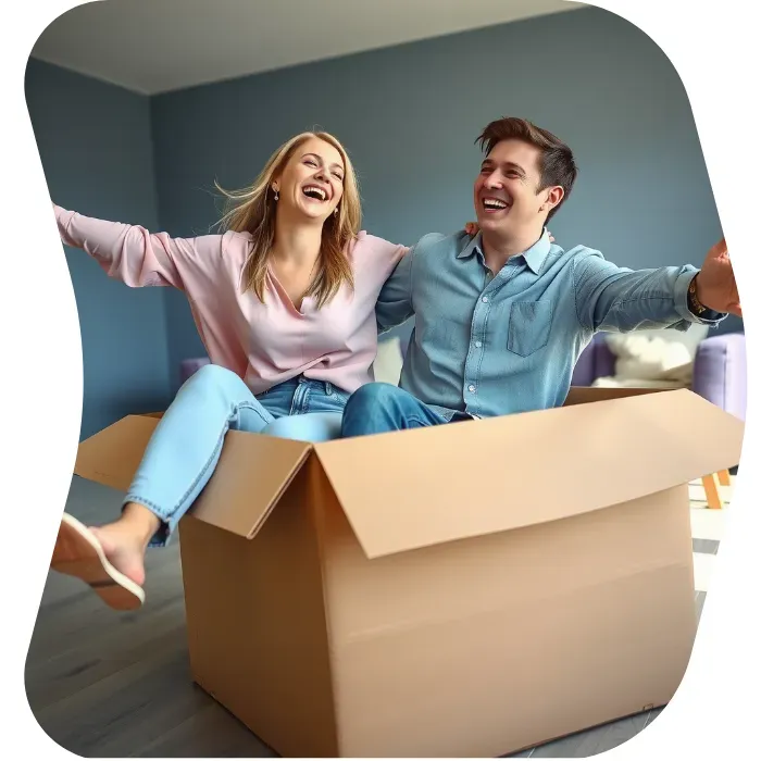 Two guys sitting on the floor of their apartment with Muval moving boxes